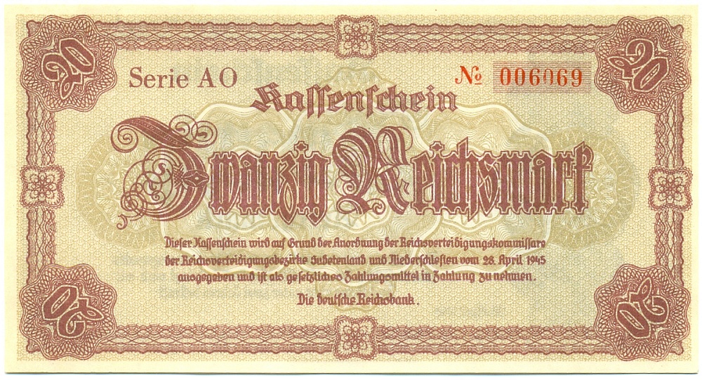 20 рейхсмарок 1945 года Германия (Нижняя Силезия и Судетская область) — Фото №1