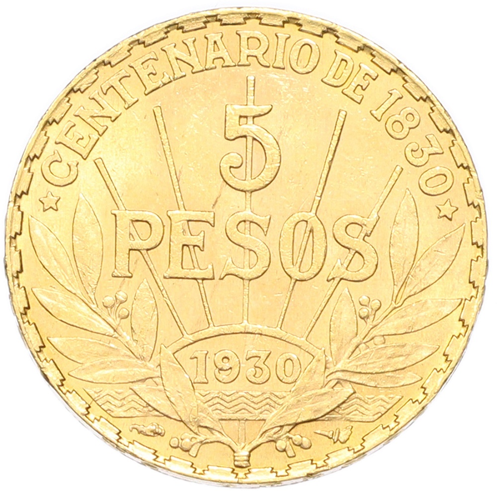 5 песо 1930 года Уругвай «100 лет Конституции» — Фото №1