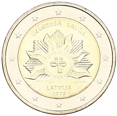2 евро 2019 года Латвия «Восходящее солнце» — Фото №1