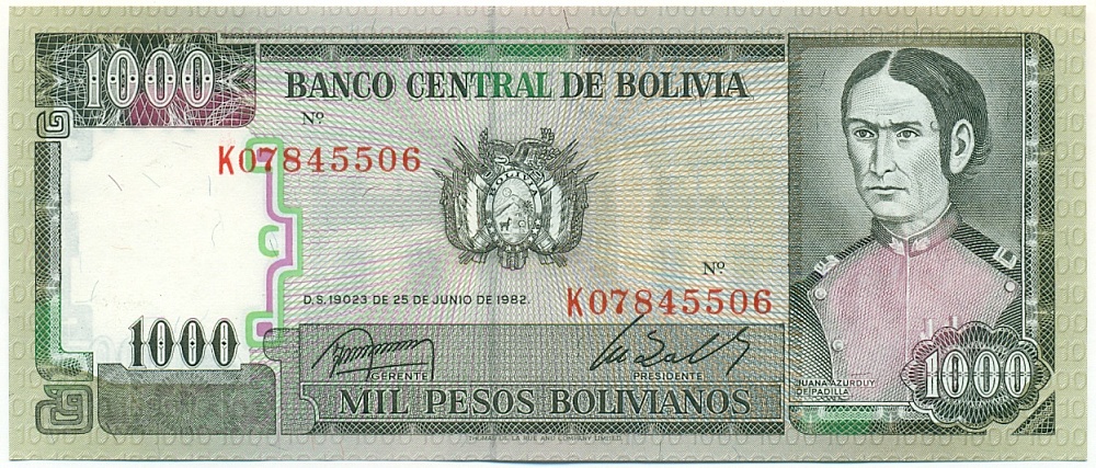 1000 боливиано 1982 года Боливия — Фото №1
