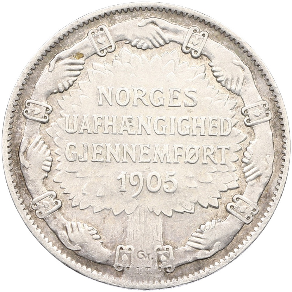 2 кроны 1907 года Норвегия «Независимость Норвегии (Без ружей на реверсе» — Фото №1