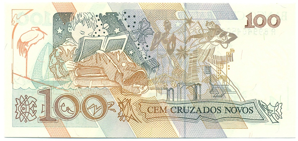 100 крузейро 1990 года Бразилия (Надпечатка на 100 новых крузадо) — Фото №2