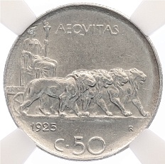50 чентезимо 1925 года Италия (Гурт рубчатый) в слабе ННР (AU55) — Фото №1