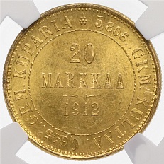 20 марок 1912 года Русская Финляндия — в слабе NGC (MS65) — Фото №1