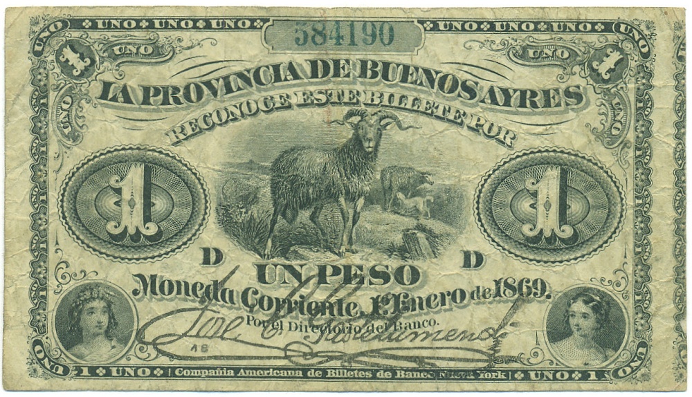 1 песо 1869 года Аргентина — провинция Буэнос-Айрес — Фото №1