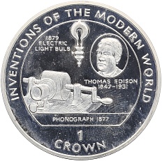 1 крона 1996 года Остров Мэн «Изобретения современного мира — Томас Эдисон, электрическая лампочка» — Фото №1