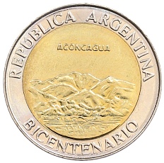 1 песо 2010 года Аргентина «200 лет Аргентине — вулкан Аконкагуа» — Фото №1