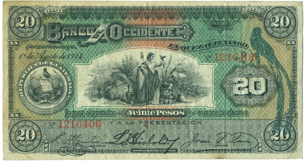 20 песо 1914 года Гватемала — Фото №1