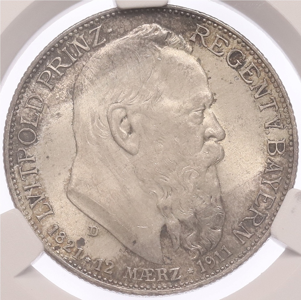 2 марки 1911 года Германия (Бавария) «90 лет со дня рождения Луитпольда Баварского» в слабе CPRC (MS65) — Фото №1