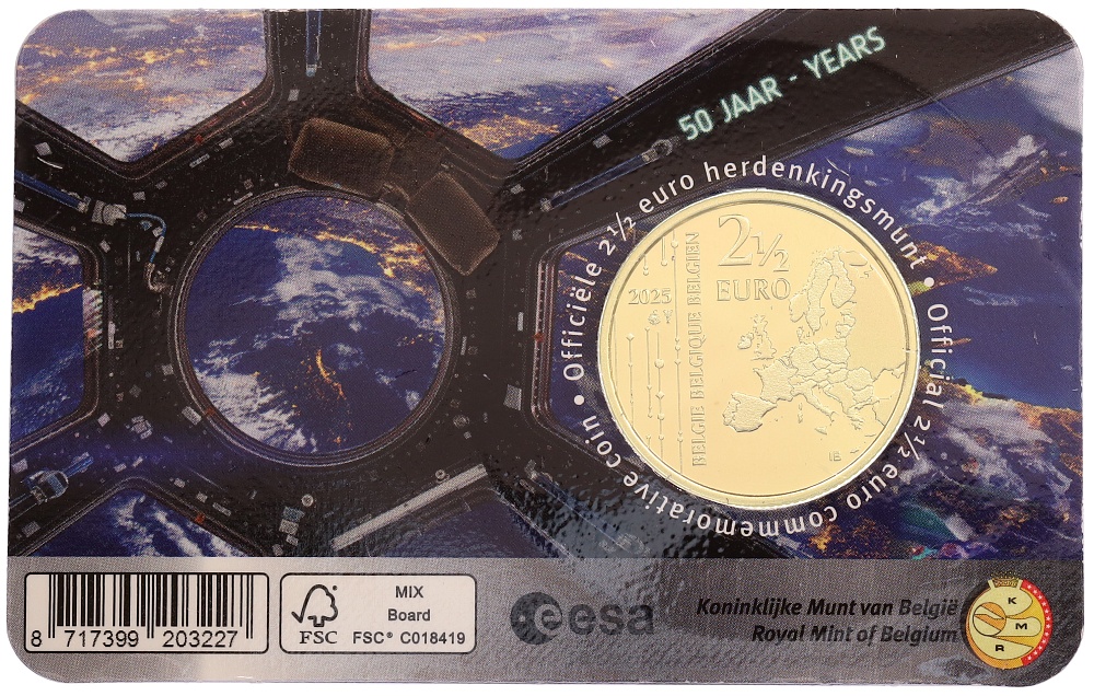 2 1/2 евро 2025 года Бельгия «50 лет Европейскому космическому агентству» (Надписи на лицевой стороне блистера на немецком и французском) — Фото №2