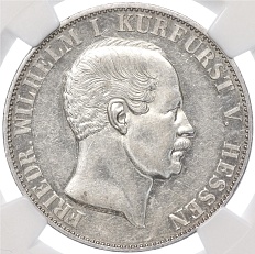 1 талер 1854 года Гессен-Кассель — в слабе NGC (AU58) — Фото №1