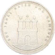 10 марок 1989 года J Западная Германия (ФРГ) «800 лет Гамбургскому порту» — Фото №1