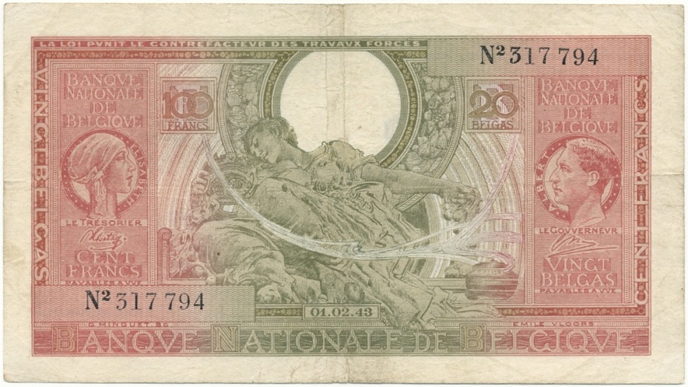 100 франков 1943 года Бельгия — Фото №1