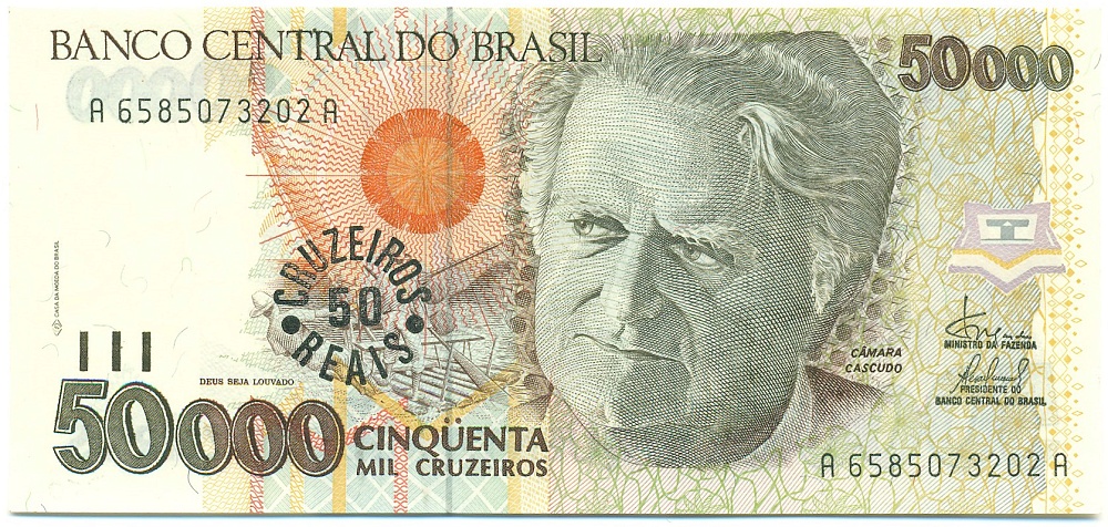 50 реалов 1993 года Бразилия (Надпечатка на 50000 крузейро) — Фото №1