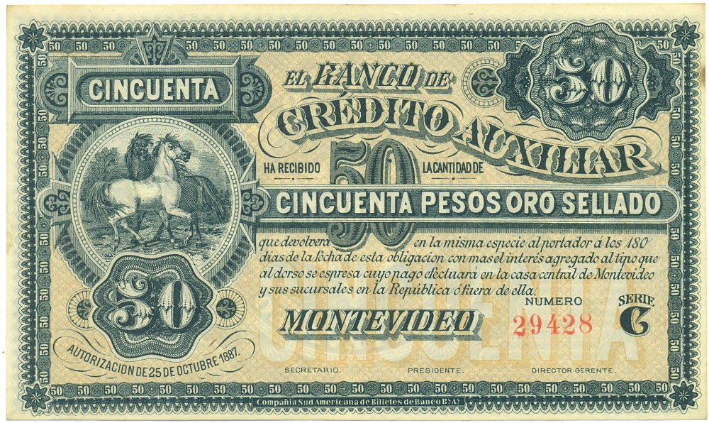 50 песо 1887 года Уругвай — Фото №1