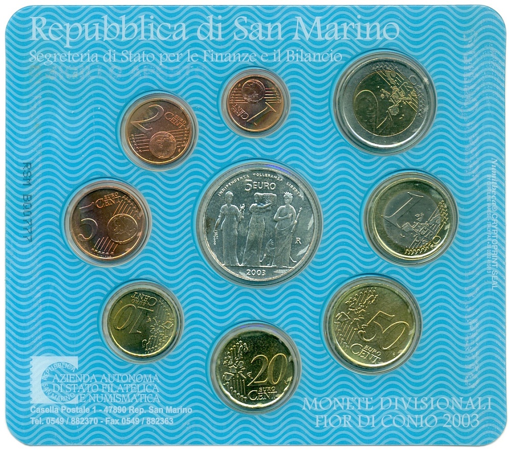 Набор из 9 евромонет 2003 года Сан-Марино — Фото №2