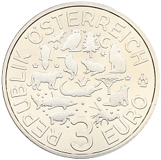 3 евро 2017 года Австрия «Животные со всего мира — Волк» — Фото №2