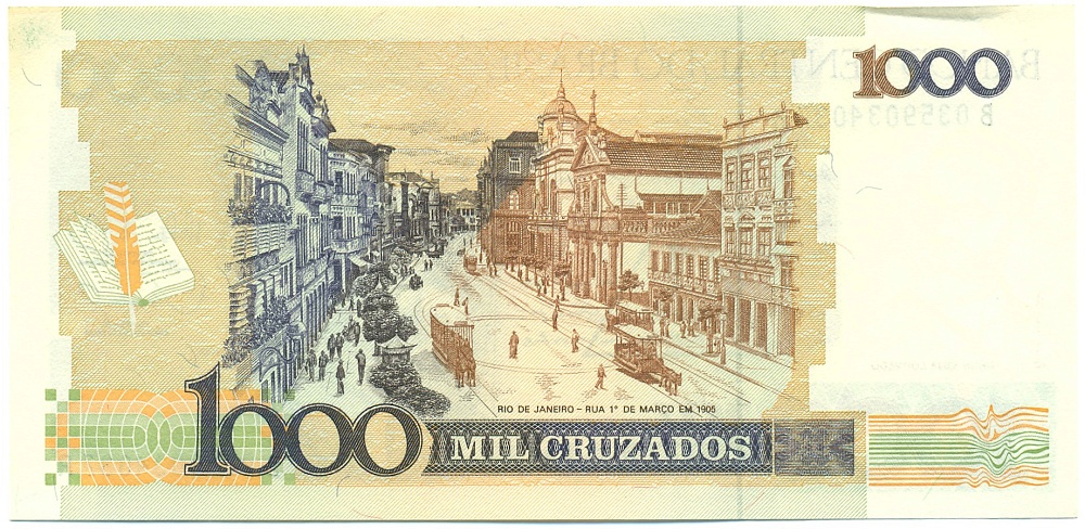 1 новый крузадо 1989 года Бразилия (Надпечатка на 1000 крузадо) — Фото №2