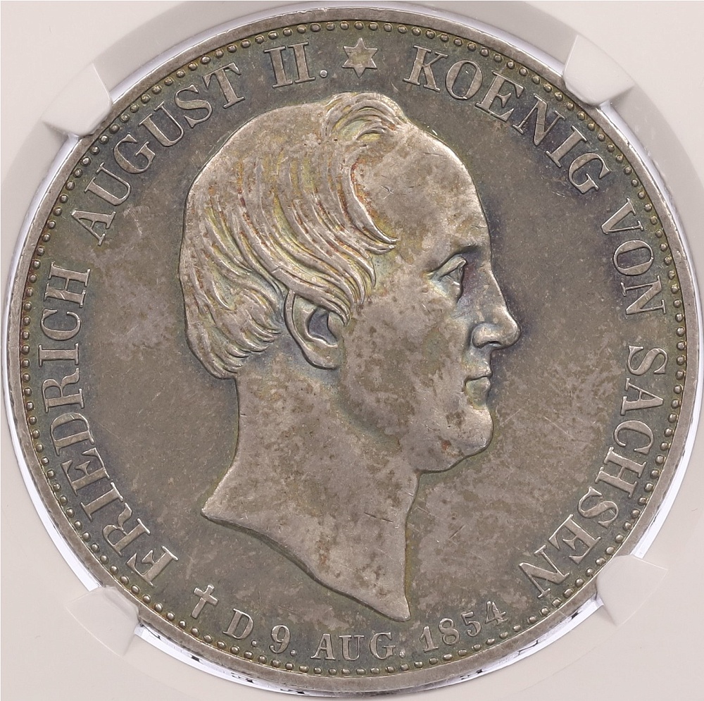 2 талера 1854 года Саксония «Смерть Короля Фридриха Августа II» в слабе NGC (AU55) — Фото №1