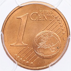 1 евроцент 1999-2024 года Брак (аверс-аверс) — в слабе PCGS (MS66RD) — Фото №1