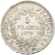 5 франков 1873 года А Франция — Фото №1