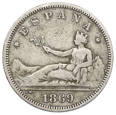 2 песеты 1869 года Испания — Фото №1