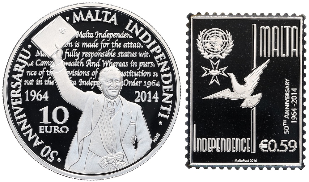 Набор из монеты 10 евро и жетона в форме почтовой марки 2014 года Мальта «50 лет независимости» — Фото №1