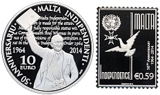 Набор из монеты 10 евро и жетона в форме почтовой марки 2014 года Мальта «50 лет независимости» — Фото №1