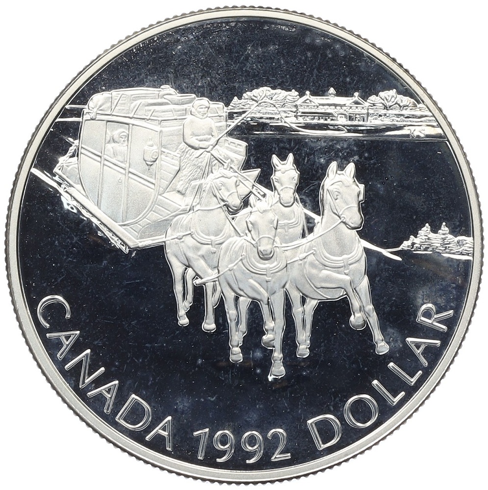 1 доллар 1992 года Канада «175 лет Кингстонскому дилижансу» — Фото №1