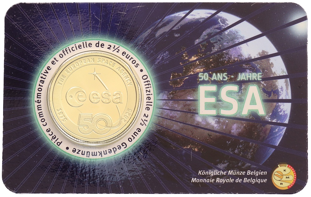 2 1/2 евро 2025 года Бельгия «50 лет Европейскому космическому агентству» (Надписи на лицевой стороне блистера на немецком и французском) — Фото №1