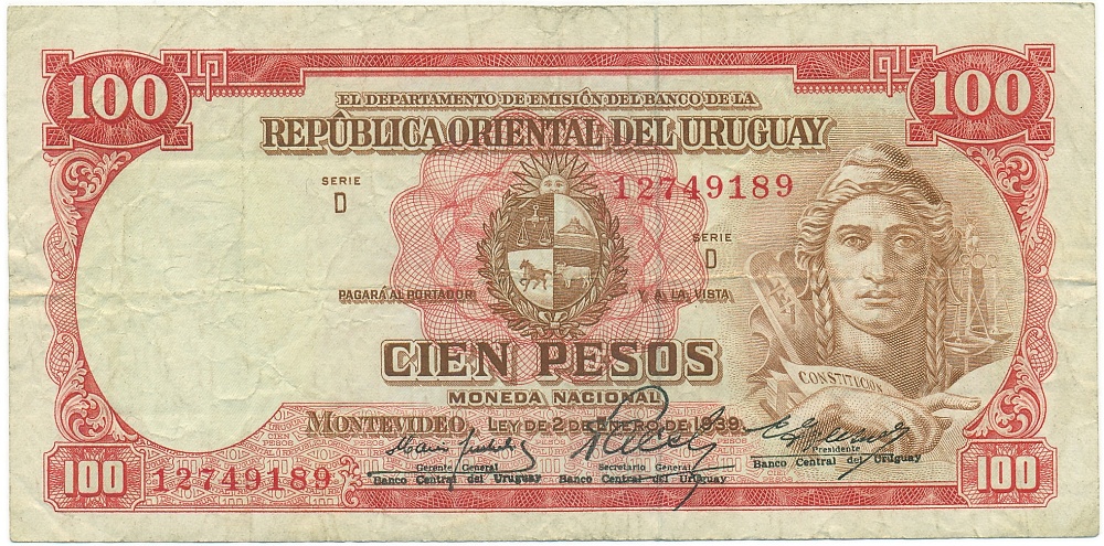 100 песо 1939 года Уругвай — Фото №1