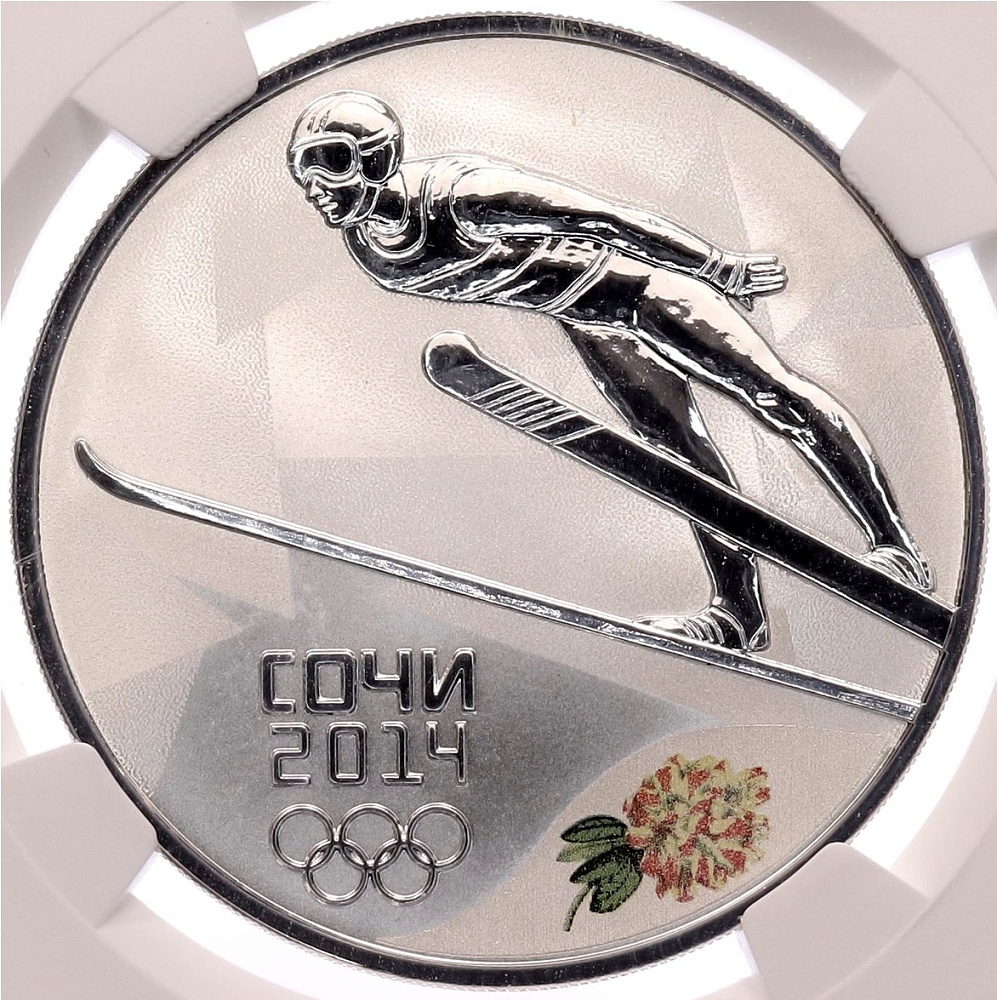 3 рубля 2014 года СПМД «XXII зимние Олимпийские Игры 2014 в Сочи — Прыжки на лыжах с трамплина» в слабе NGC (Топ-грейд PF70 ULTRA CAMEO) — Фото №1