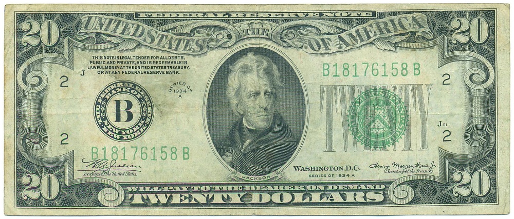 20 долларов 1934 года США (Нью-Йорк) — Фото №1